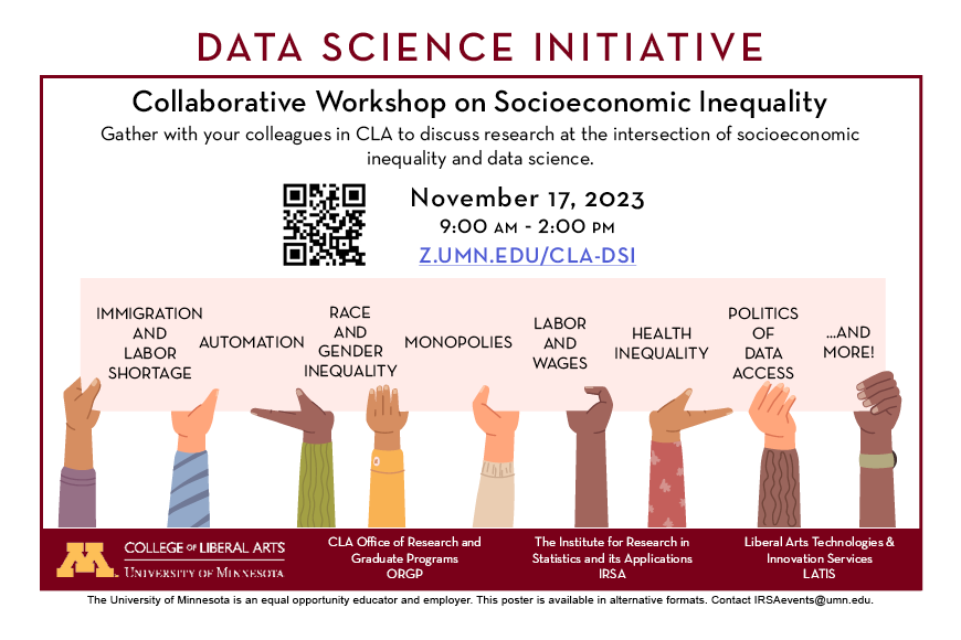 Workshop flier with a graphic of many cartoon hands of various racial backgrounds holding an event sign, containing topics of discussion on socioeconomic inequality