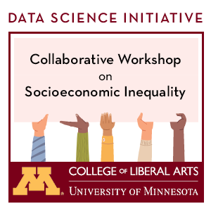 Many cartoon hands of various racial backgrounds hold an event sign titled Collaborative Workshop on Socioeconomic Inequality
